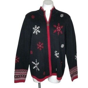 BRECKENRIDGE Christmas Holiday Snowflake Zip Sweater Heavy Cotton Knit Size XL